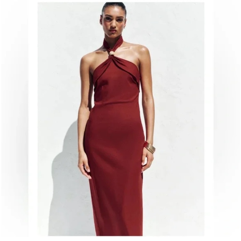 Zara Maroon Linen Halter Dress